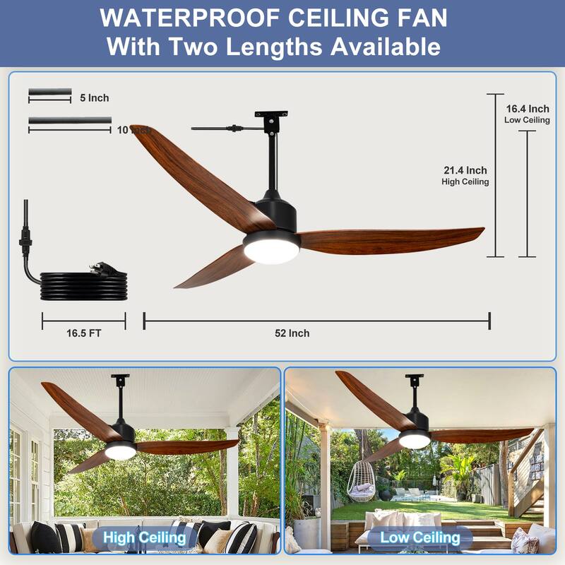 Outdoor Ceiling Fan with Light: 42-52 Inch Hanging - Plug in Waterproof Fans for Patio - Dimmable Remote App Control Black