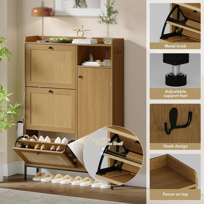 Rattan Shoe Cabinet with 3 Flip Drawers and 4-Tier