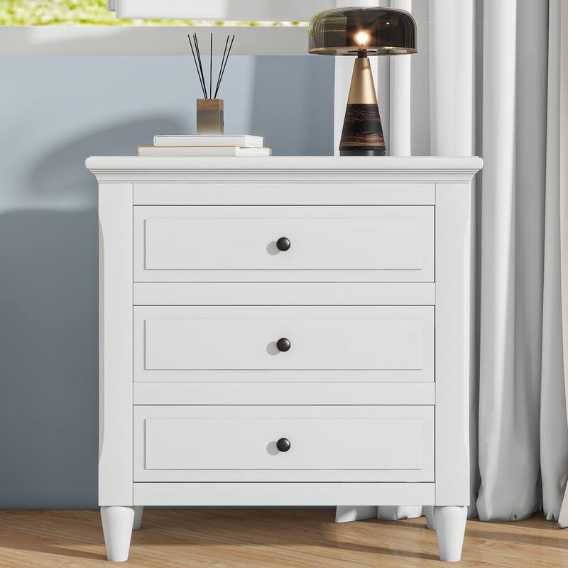 28'' Nightstand with 3 Drawers, Smooth Gliding Rails, Metal Handles, and Rubber Wood Legs for Bedroom, Sofa, or Office - White
