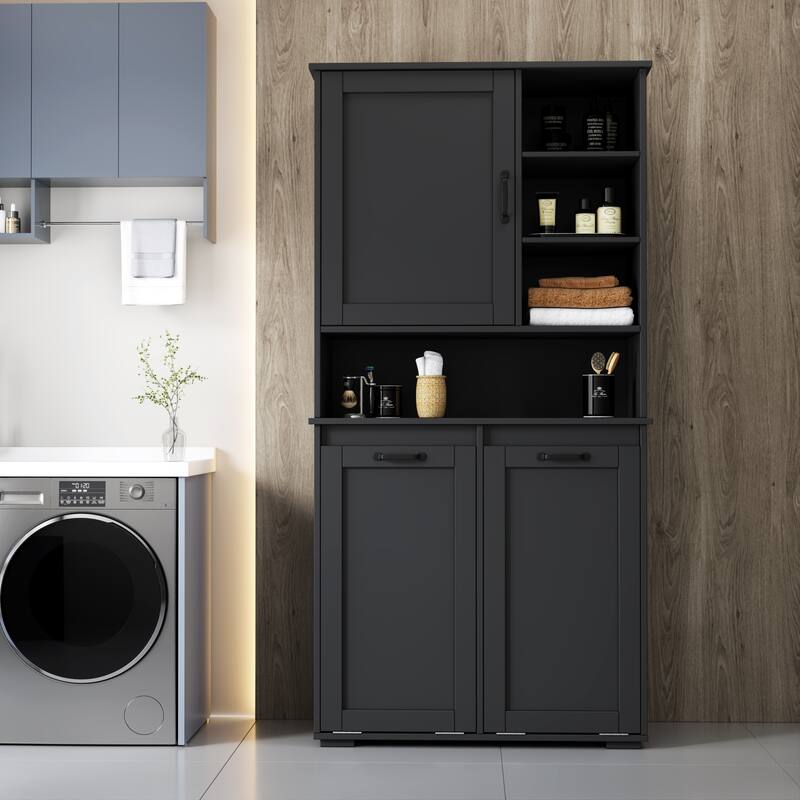 Laundry Cabinet with Doors and shelf, Tilt-Out Laundry Hamper, Multiple Storage Space, Freestanding Style, Open Shelve