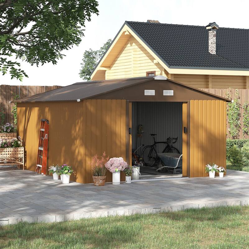 Outsunny 11' x 12.6' Outdoor Storage Shed Organizer, Garden Tool house with Floor Foundation, 4 Vents and 2 Easy Sliding Doors - Yellow