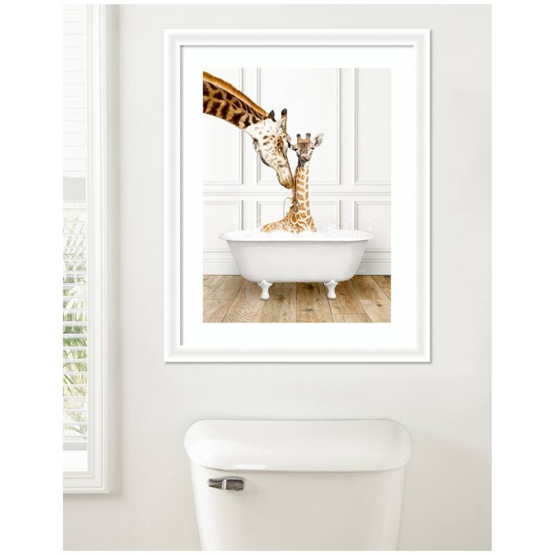 Kate and Laurel Mother and Baby Giraffe in Traditional Vintage Bathtub by Amy Peterson Framed Wall Art Print