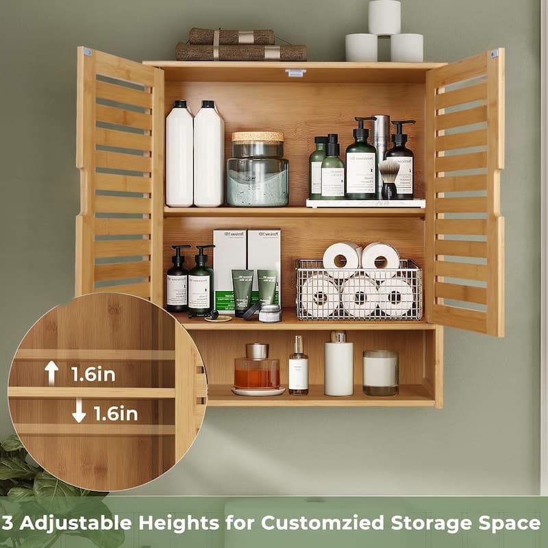 Double Door Wall Cabinet Bathroom Storage Shelf Bamboo
