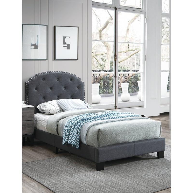 Charcoal Burlap Twin Bed with Nailhead Trim & Button Tufted Headboard! - Charcoal
