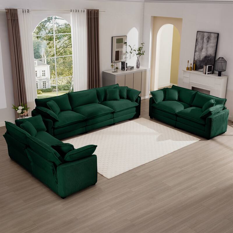 3+2+2 Seater Corduroy Fabric Flexible Combinations Sofa Set with Removable Armrests and Throw Pillows for Livingroom