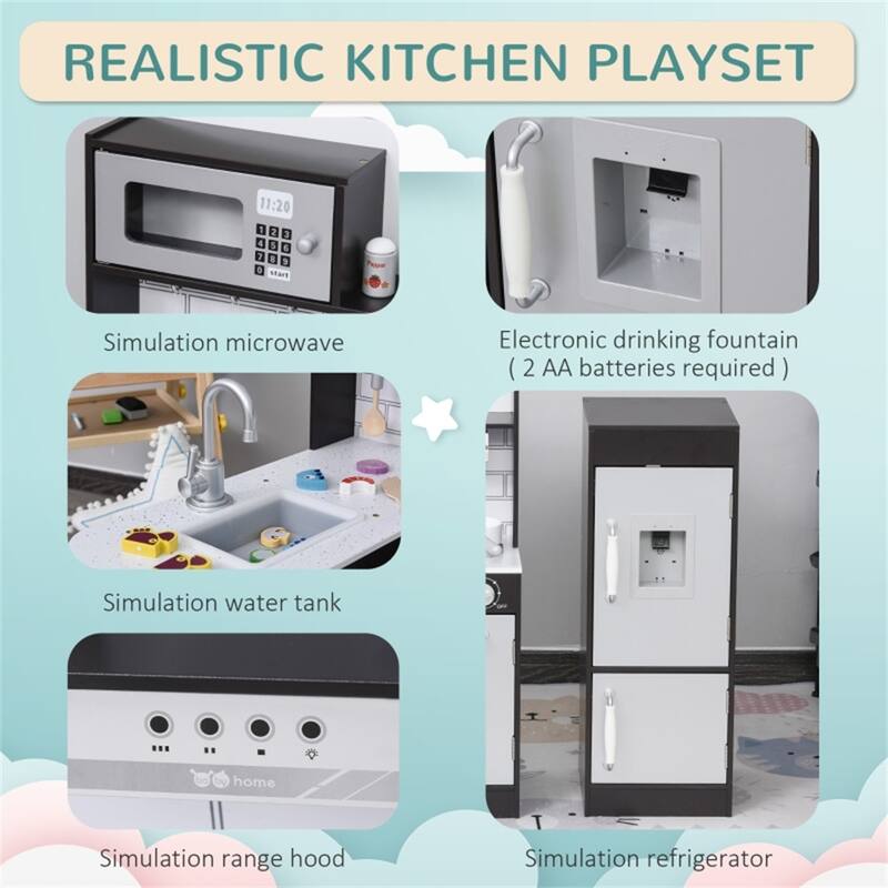 Kids Wooden Corner Kitchen Playset with Sink Stove Refrigerator and Accessories Black Silver - 33.75"L x 25.25"W x 33.25"H