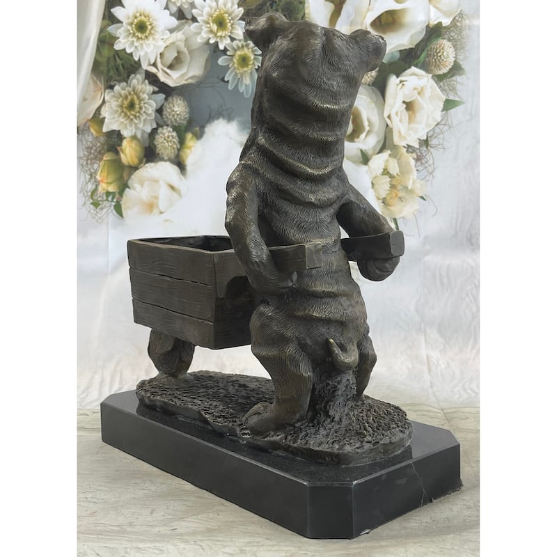 English Imitative BullImitative dog Pushing Wheelbarrow Bronze Planter Dish Sculpture Figure 12 Inches X 12 Inches