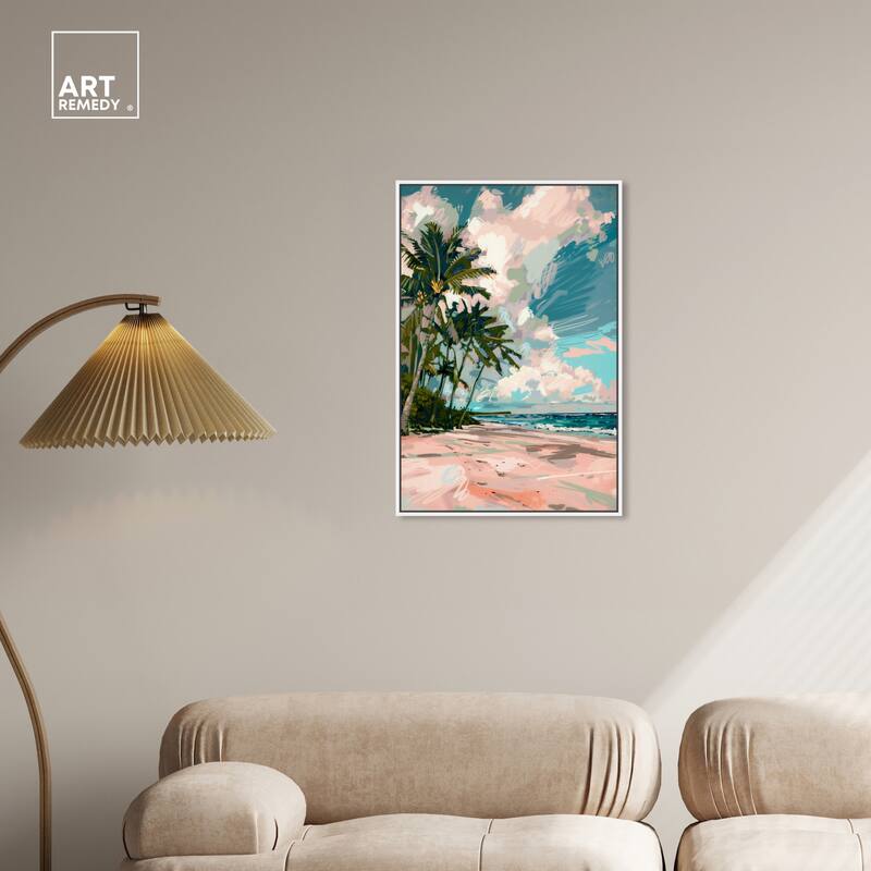 Art Remedy Palms Under The Sun Framed Colorful Coastal 1 Piece Canvas Wall Art