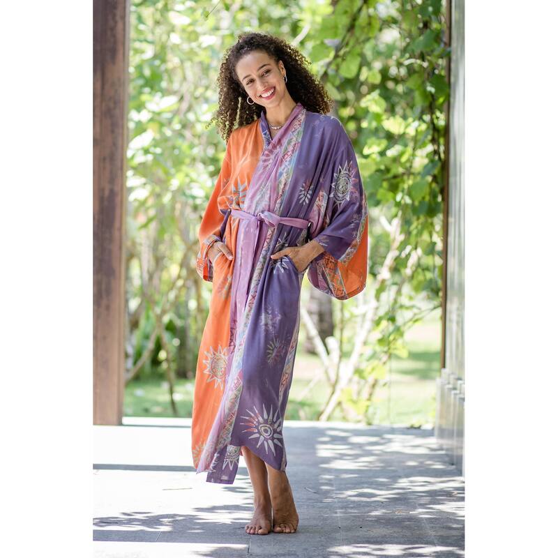 Novica Handmade Dusky Sunrise Hand-Stamped Batik Rayon Robe