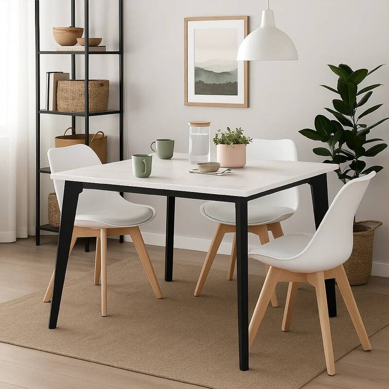 Soa Dining Table, 54 Inch Square White Marble Top, Black Legs - Black, White