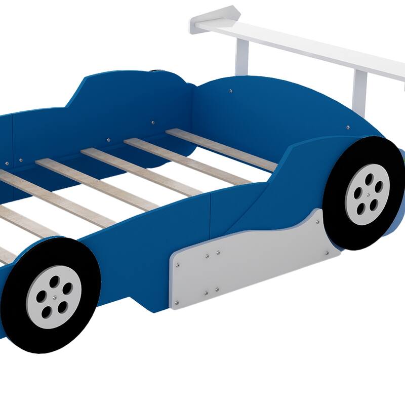 Full Size Race Car-Shaped Platform Bed with Wheels in Blue