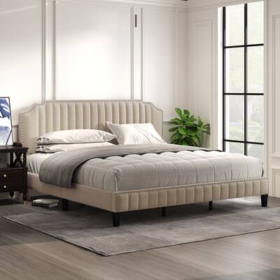 Linen King Wooden Platform Bed Frame, Curved Upholstered Bed with Nailhead Trim & Headboard, No Box Spring Needed
