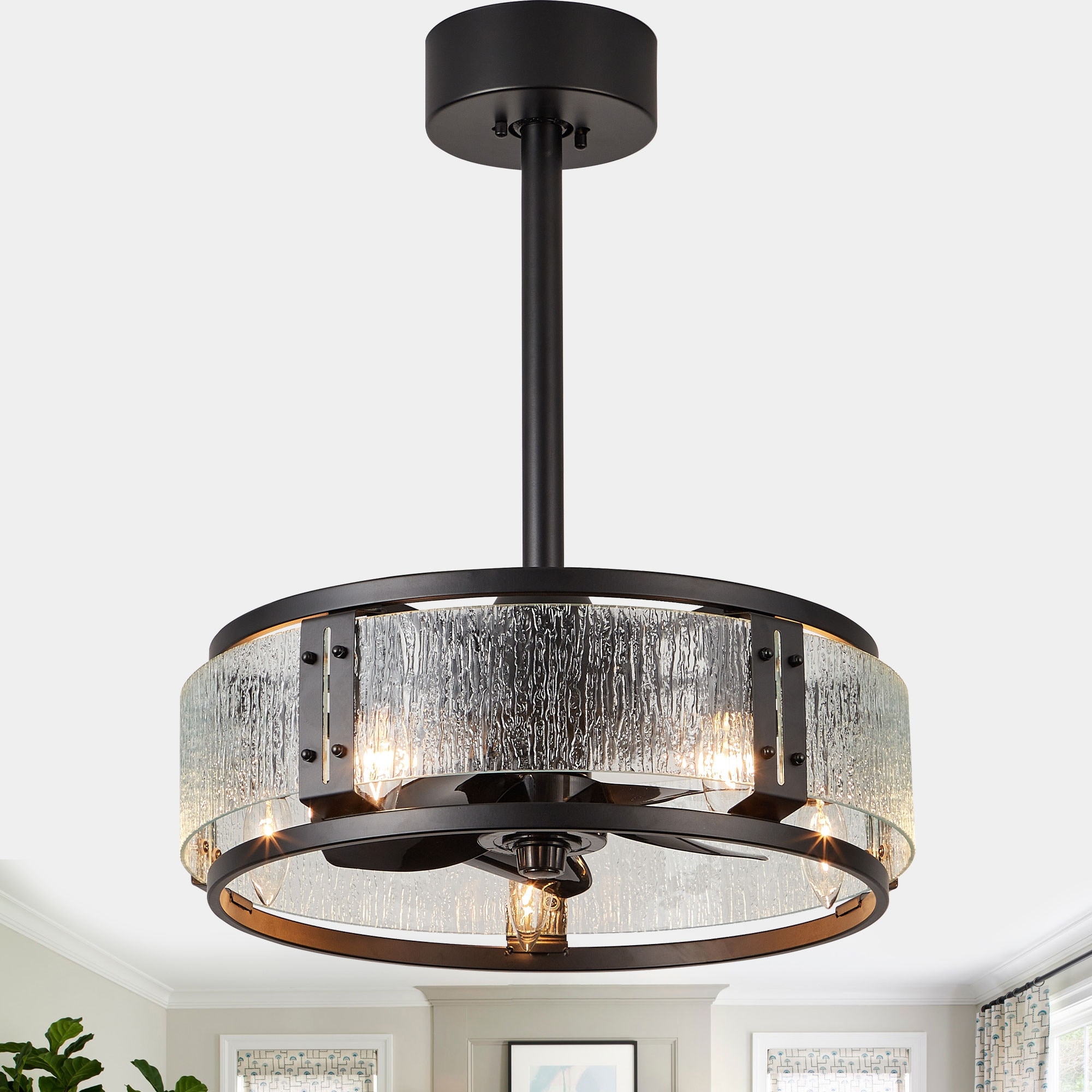 Cusp Barn 18" Caged Ceiling Fan with Light,Modern Black Reversible Quiet Fan Light,Glass Decoration Fixture,6-Speeds with Remote