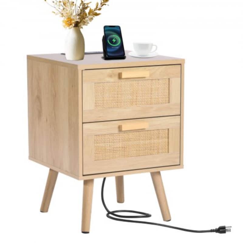 Natural Wooden Nightstand Side End Table with 2 Rattan Decorated Storage Drawers and USB Ports - Natural