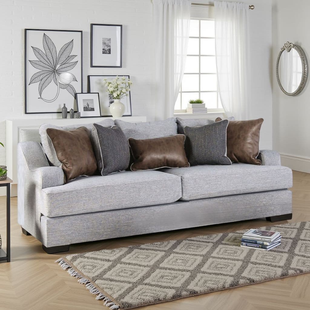 Yeni Sofa, 4 Accent Pillows and 1 Lumbar, 96 Inch Gray, Brown