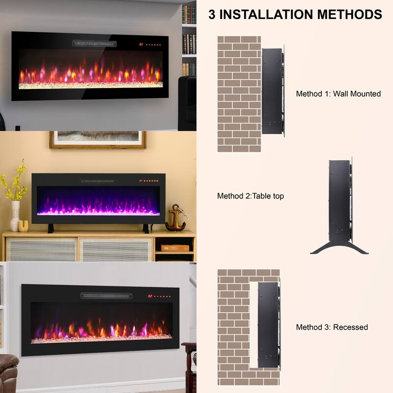 42-Inch Wall-Mounted Electric Fireplace with Touch Control, 16 Flame Colors, Multi-Color Emberbed, and Remote