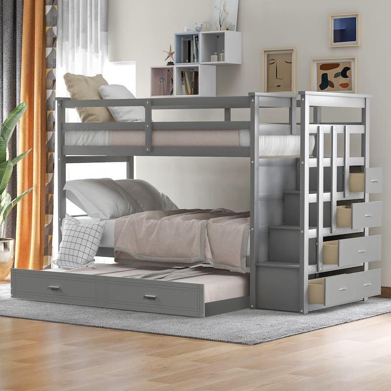 Hardwood Twin Over Twin Bunk Bed with Trundle and Staircase