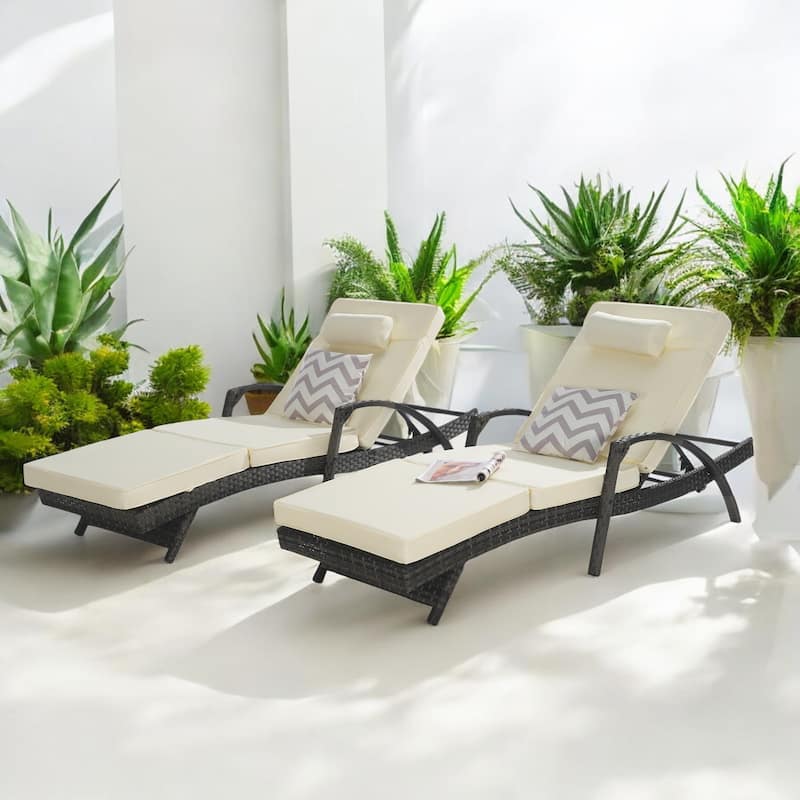 Outdoor Wicker Reclining Lounge Chairs Set of 2 with Cushions – Adjustable, Lawn Chairs for Patio, Poolside, and Garden