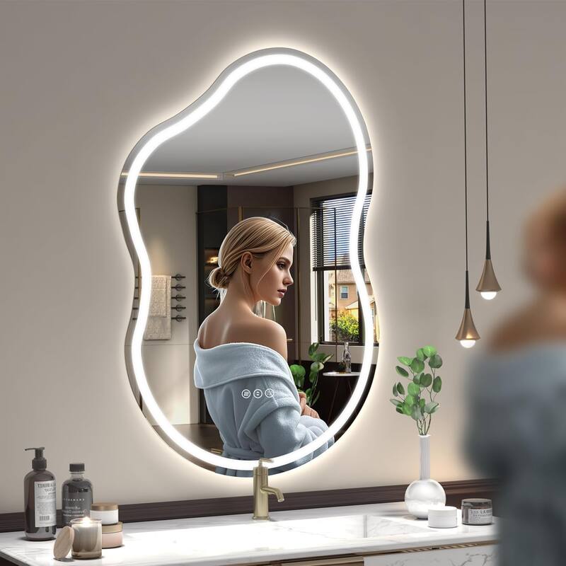 KIOTEE Frameless Irregular LED Anti-Fog Bathroom Vanity Mirror Asymmetrical Front and Backlit Wall Mirror
