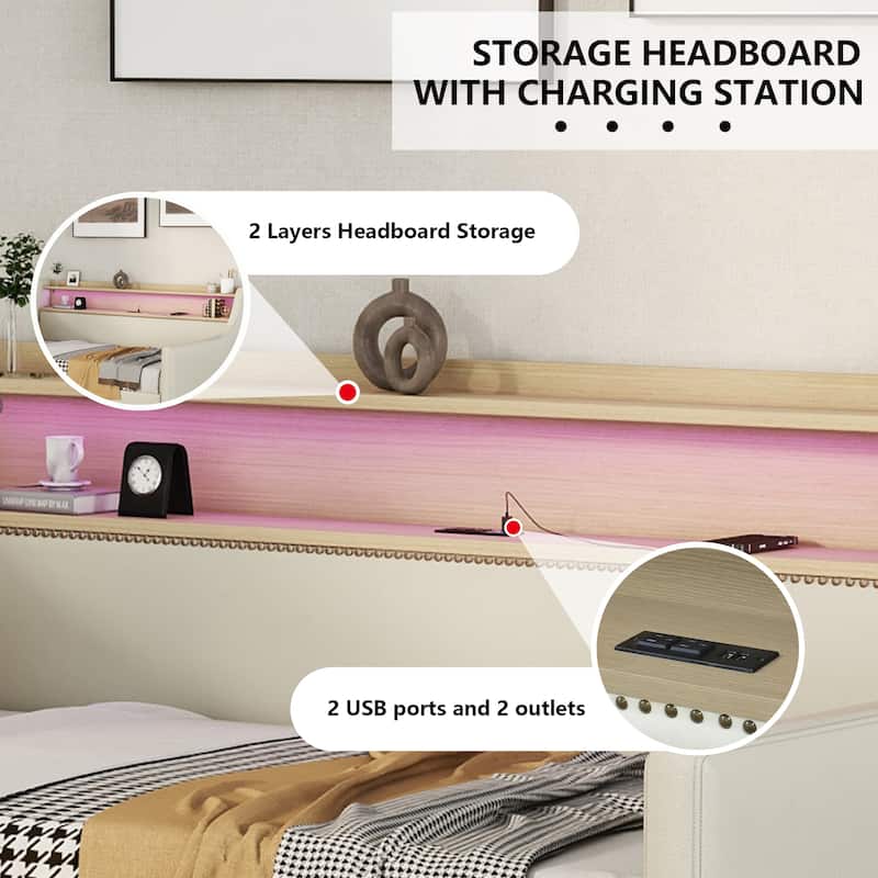 Twin Size Sofa with Storage Drawers,Upholstered Daybed with Charging Station and LED Lights
