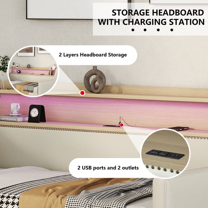 Twin Size Upholstered Daybed with Storage Drawers, Charging Station & LED Lights in Beige