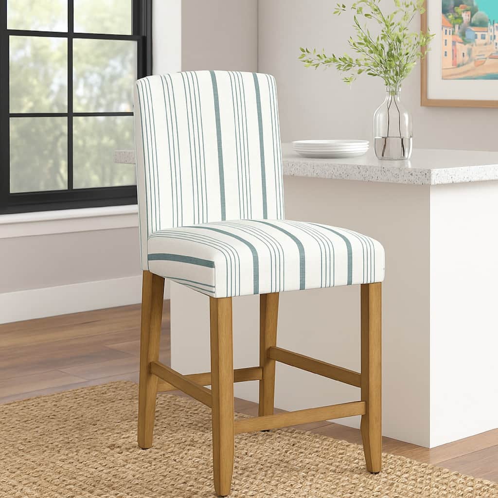 Pior Counter Stool Chair, Blue and White Stripe, Brown Wood Legs