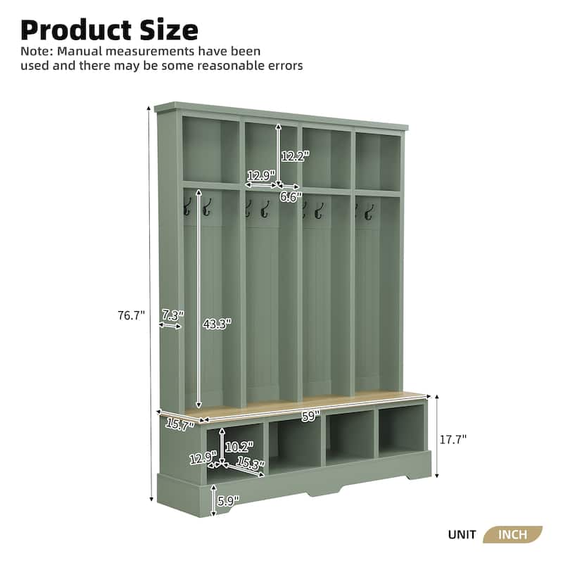 Farmhouse 59 in Hall Tree with 8 Hooks, Bench with Open Cubbies, 76.7 in H Entryway Coat & Shoe Organizer