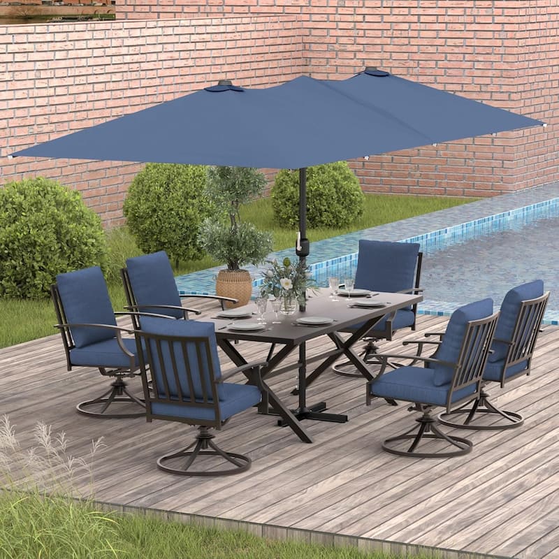 Kullavik 8 Pieces Outdoor Dining Set with 6 Swivel Chairs, X-Leg Table and Double-Sided Umbrella - Navy