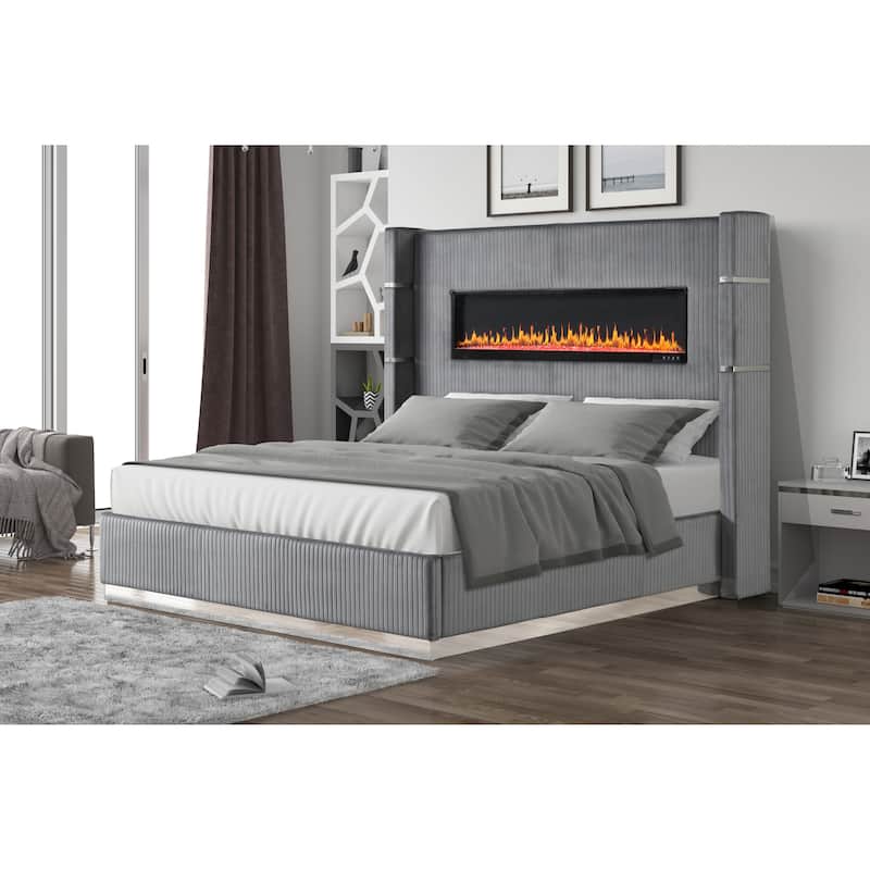 Lizelle Modern Style Queen/King Upholstered Bed with USB Ports, Fireplace Headboard & Made with Wood