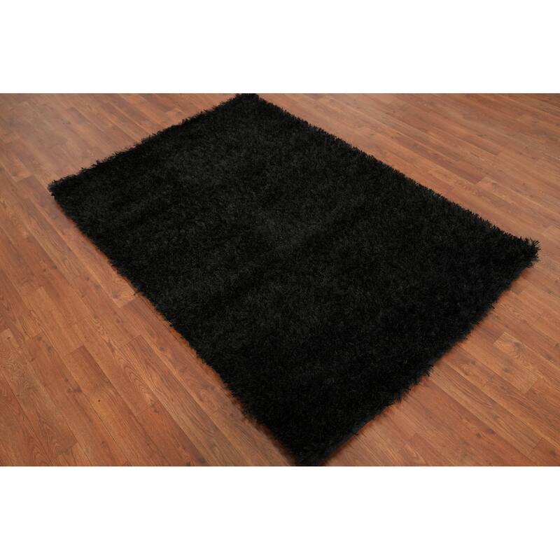 Hand Knotted Oriental 100% Wool Carpet Modern Contemporary Black Shaggy Area Rug - 5' 9'' X 3' 11''