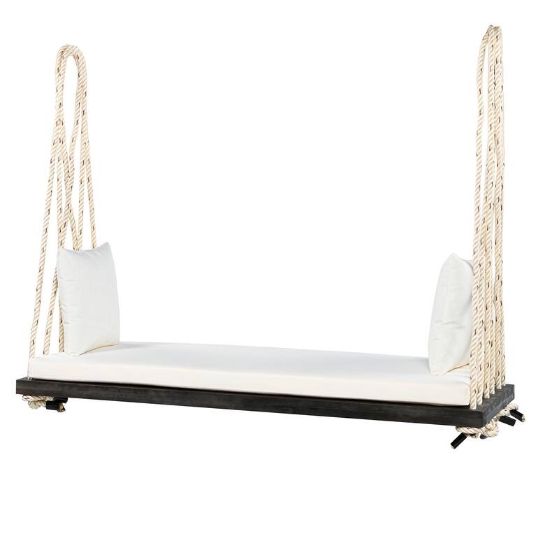 Outdoor Wood Hanging Chair with Cushions & Adjustable Assembly, 400 lbs Capacity, Swing Chair with Durable Hemp Ropes