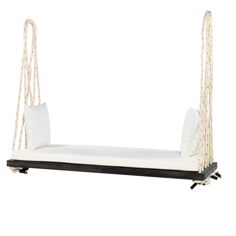 Patio Wooden Swing Chair, Hanging Porch Swing Bench with Cushion&Pillows, 10.8Ft Hemp Ropes for Garden,Backyard, Lawn