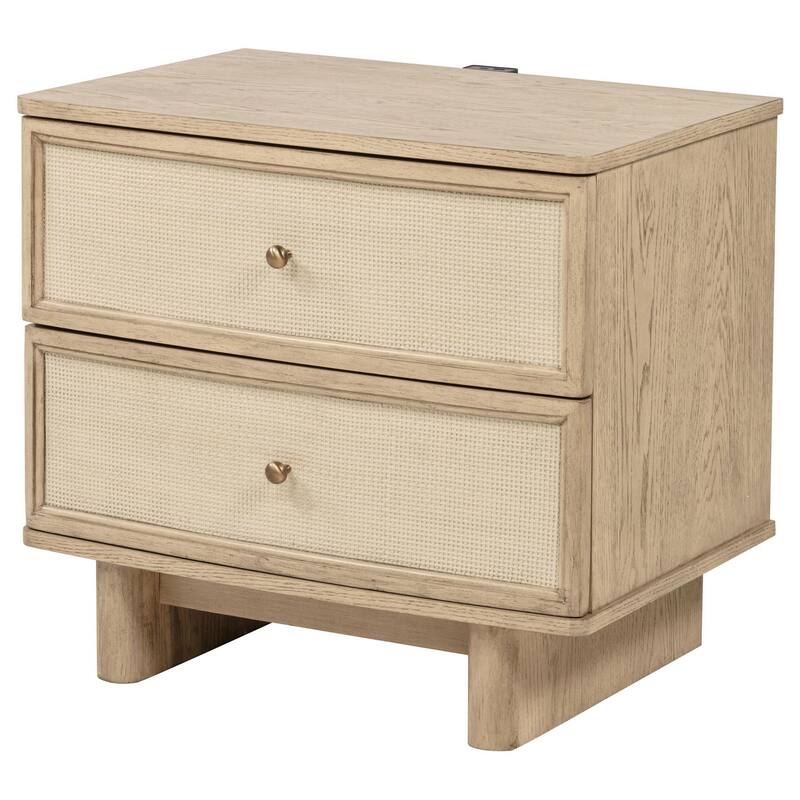 Lno Nightstand, 2 Cane Accent Drawers w Brass Knobs, USB, Oak Beige