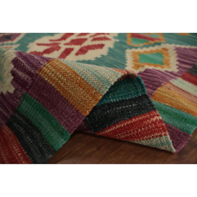 Hand Woven Oriental 100% Wool Carpet Southwestern Tribal Green Kilim Runner Rug - 9' 6'' X 2' 9''