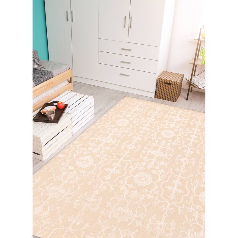 ECARPETGALLERY Hand Loomed Elysian Beige, Ivory Viscose, Wool Rug - 6'8 x 8'1