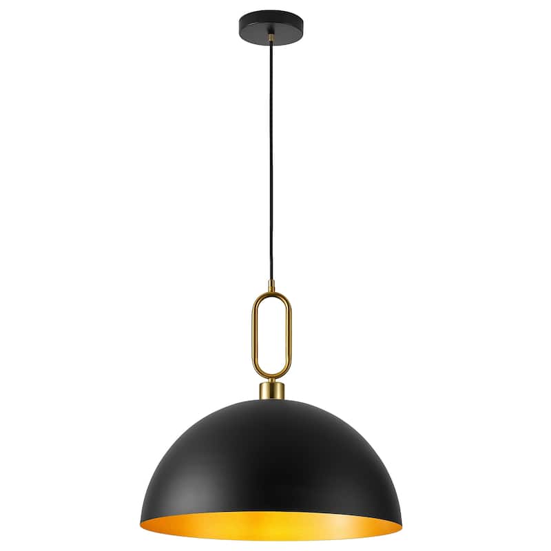 1-Light Industrial Metal Dome Pendant with Golden Ring Accent