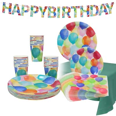 Puleo 99 PC. Disposable Birthday Party Set, Serves 24, with Small Plates, Large Plates, Napkins, Cups, Tablecloth and Banner