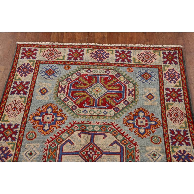 Geometric Kazak Accent Rug Handmade Wool Carpet - 3'6"x 4'11"
