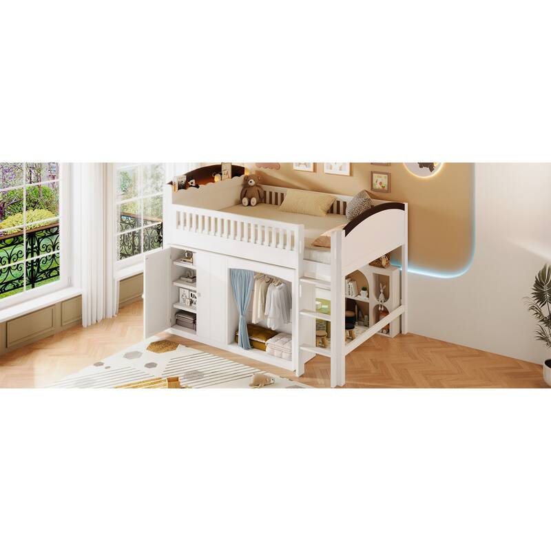 Roomfitters Twin/Full Size Loft Bed with Storage Cabinet, Wardrobe and LED Light