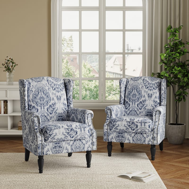 2 Set Transitional Patterned Wingback Accent Chairs with NailHead - Navy