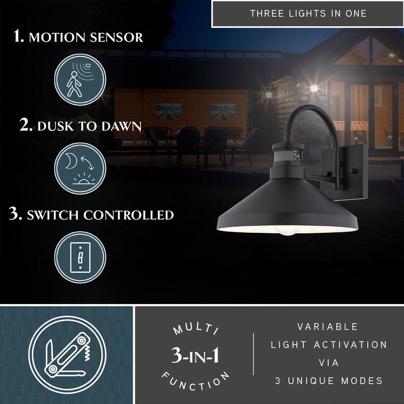 VAXCEL Highland Park Matte Black and White Motion Sensor Dusk to Dawn Outdoor Wall Sconce Light Fixture, Steel Shade