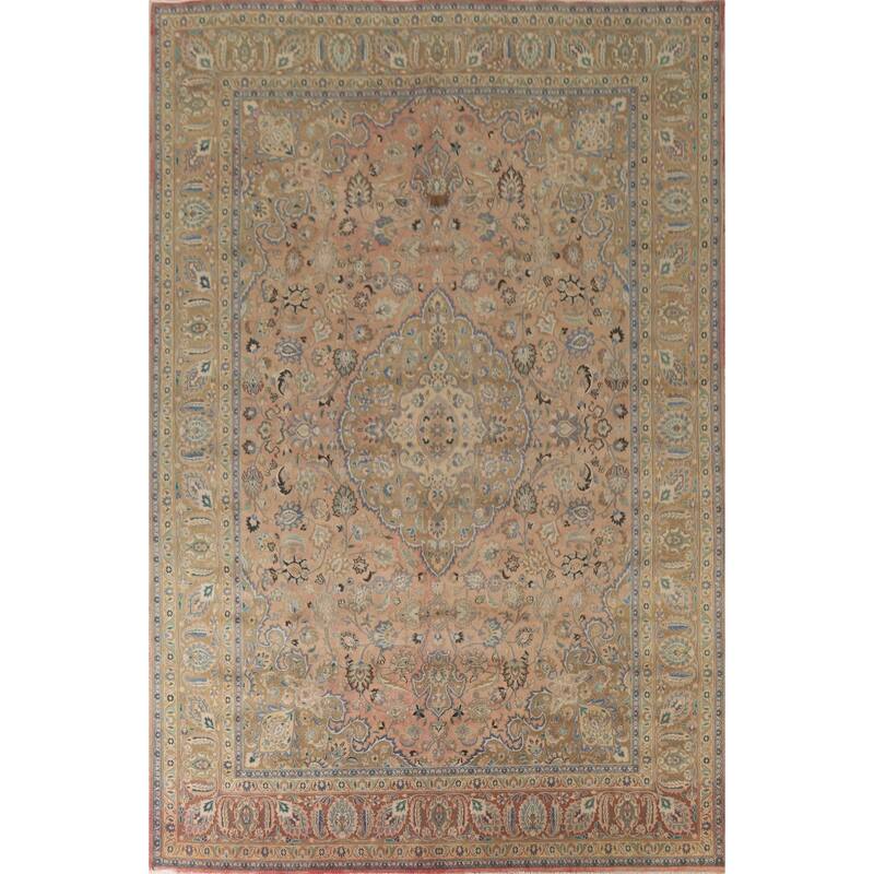 Hand Knotted Oriental 100% Wool Carpet Traditional Floral Coral Mashad Area Rug - 12' 11'' X 9' 6''