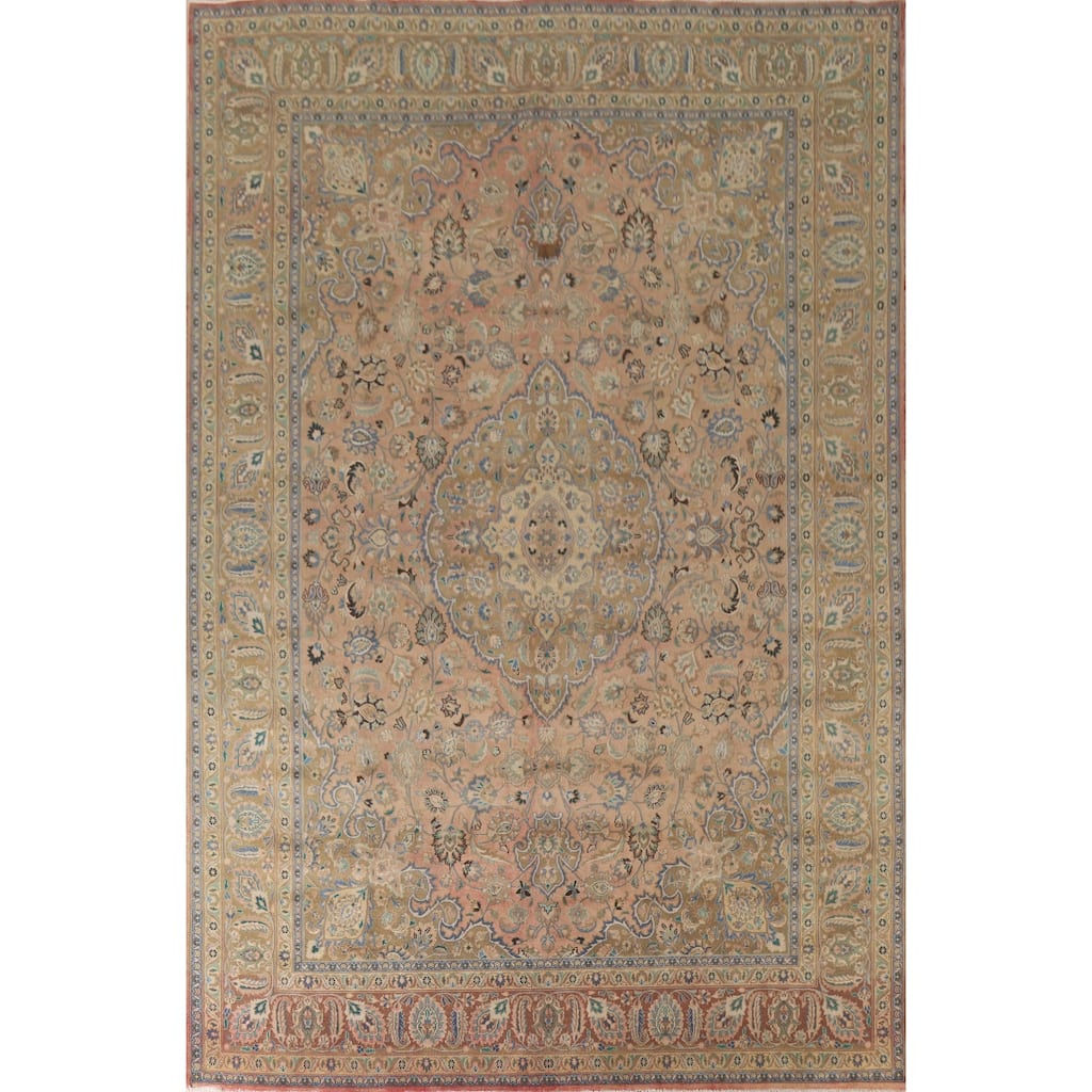 Hand Knotted Oriental 100% Wool Carpet Traditional Floral Coral Mashad Area Rug - 12' 11'' X 9' 6''