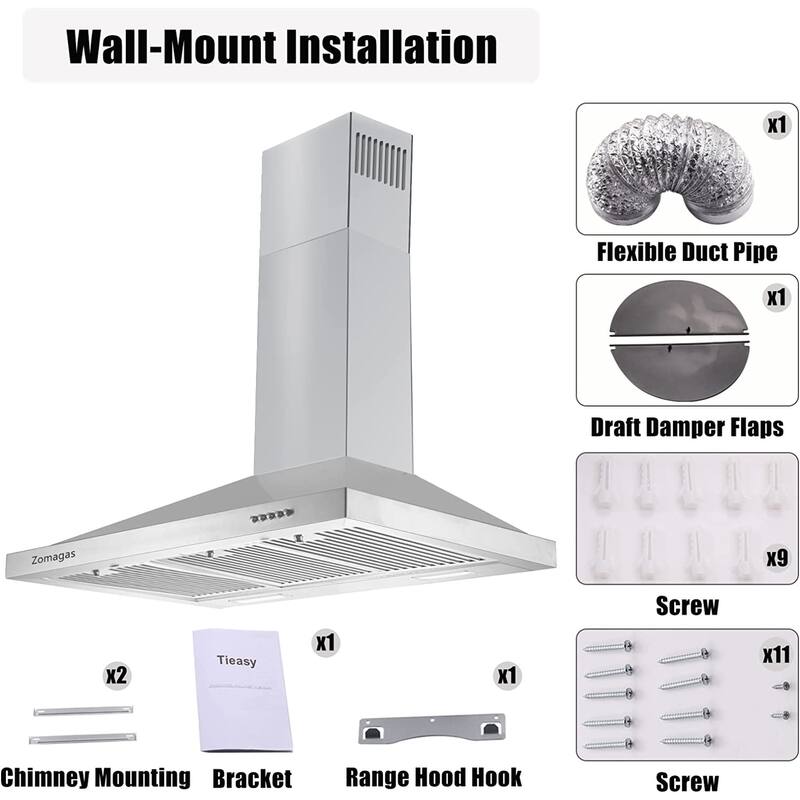 Tieasy Range Hood Wall Mount Vent Hood Stainless Steel silver 3 Speed
