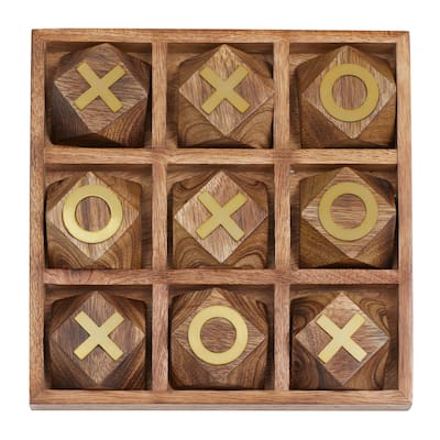 Wood Tic Tac Toe Geometric Game Set with Gold Inlay - Brown - Roche River Decor - 8"W x 8"L x 1"H
