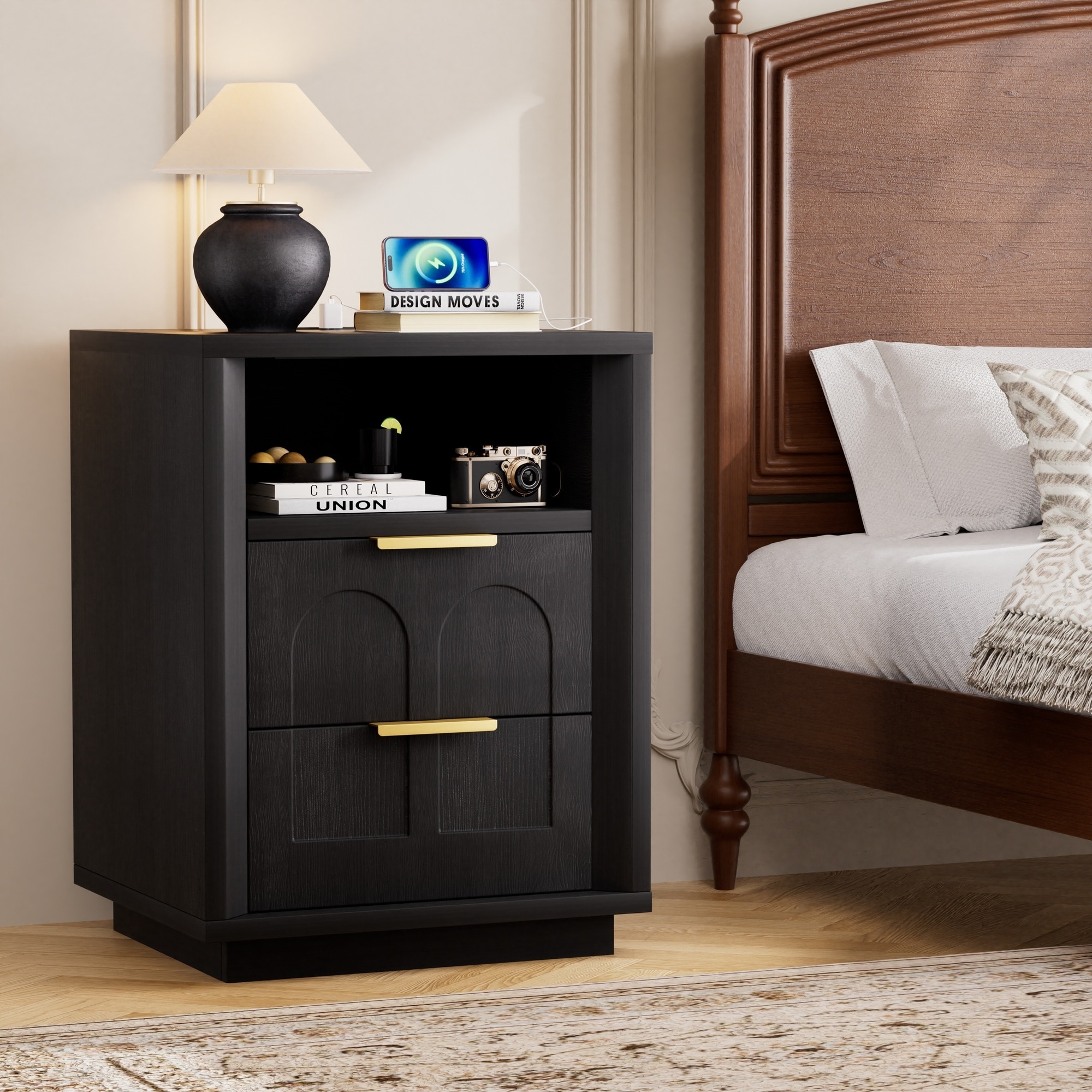 Set of 2 Black Nightstands with Charging Station and 2 Drawers