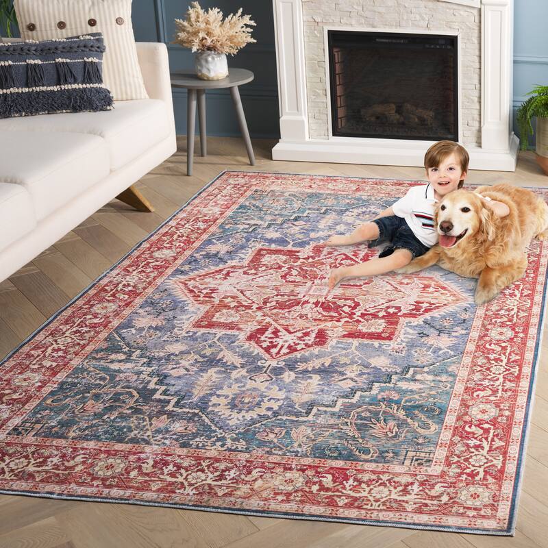 SAFAVIEH Arizona Harrieth Vintage Machine Washable Rug - 6' Round - Blue Green/Rust