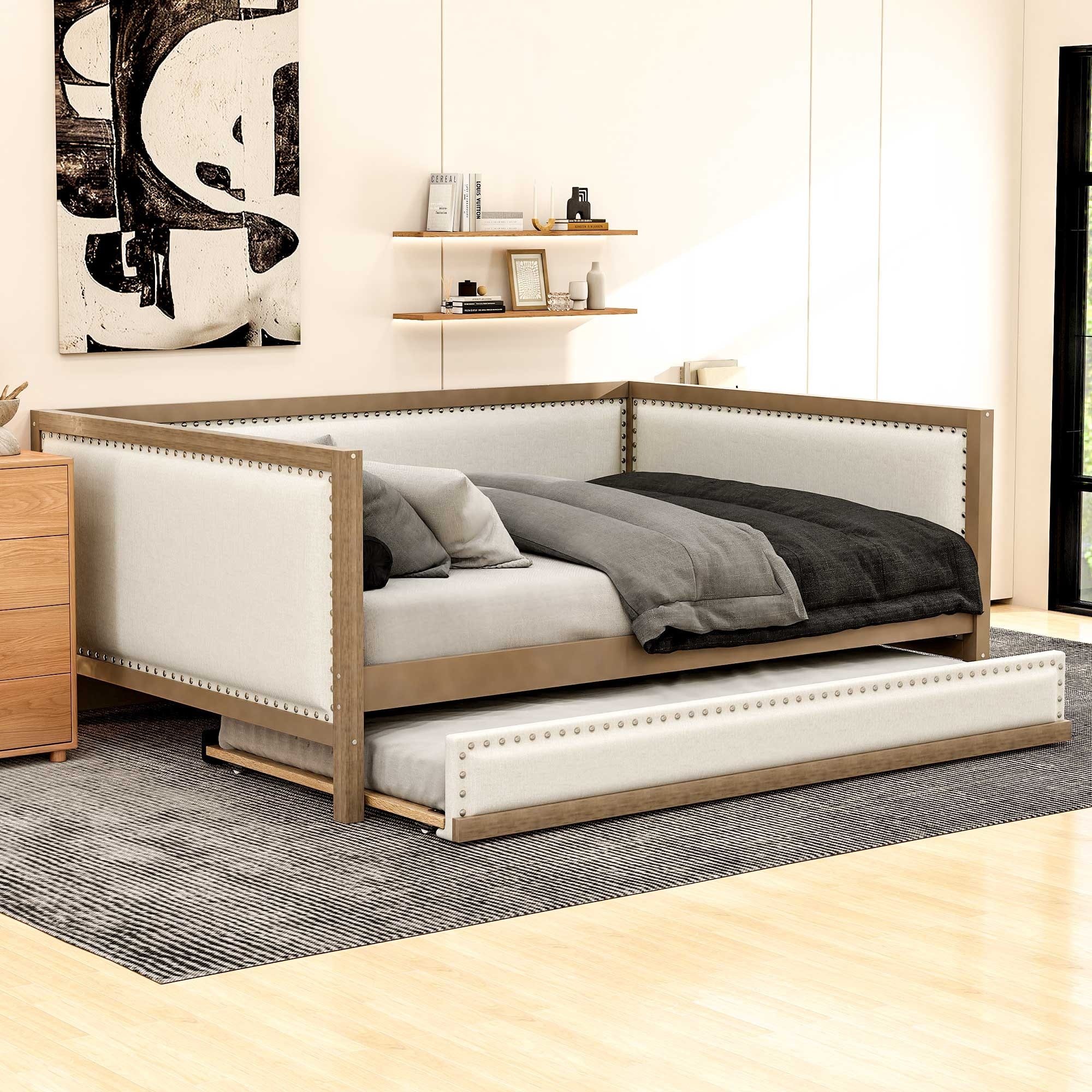 Upholstered Daybed with Trundle and Nailhead Decoration
