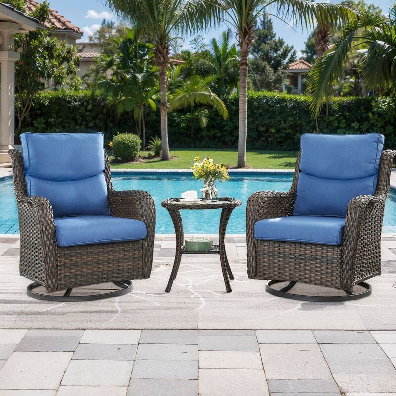 Outdoor Swivel Chair with Coffee Table- Blue cushion - Brown - Blue - Brown