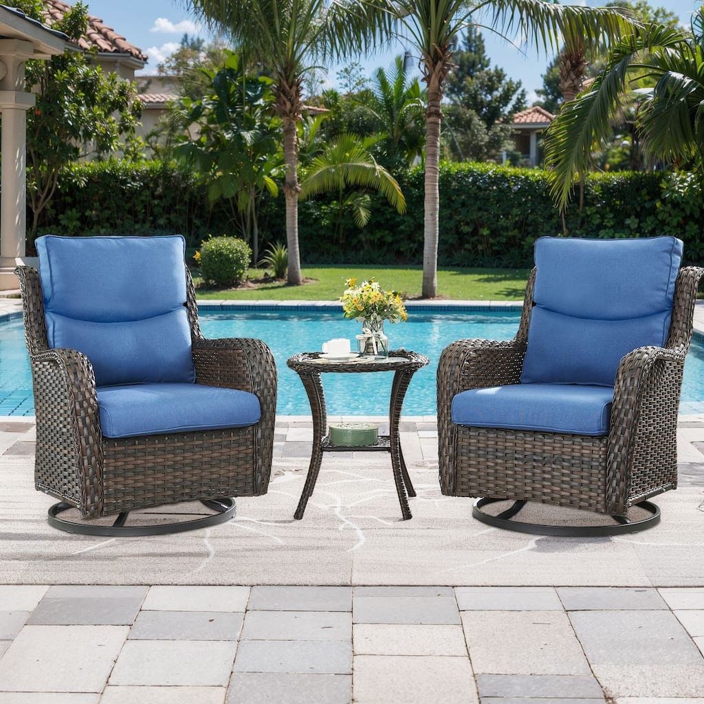 Outdoor Swivel Chair with Coffee Table- Blue cushion - Brown
